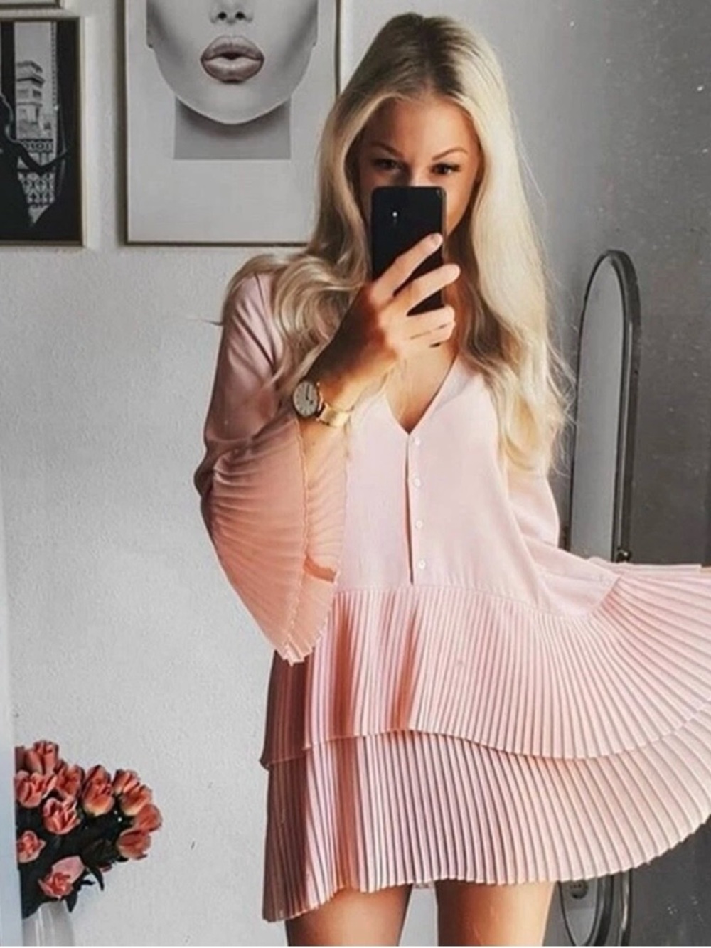 Zara Blush Pink Pleated Tiered Asymmetrical Flowing Oversized Dress Size M
